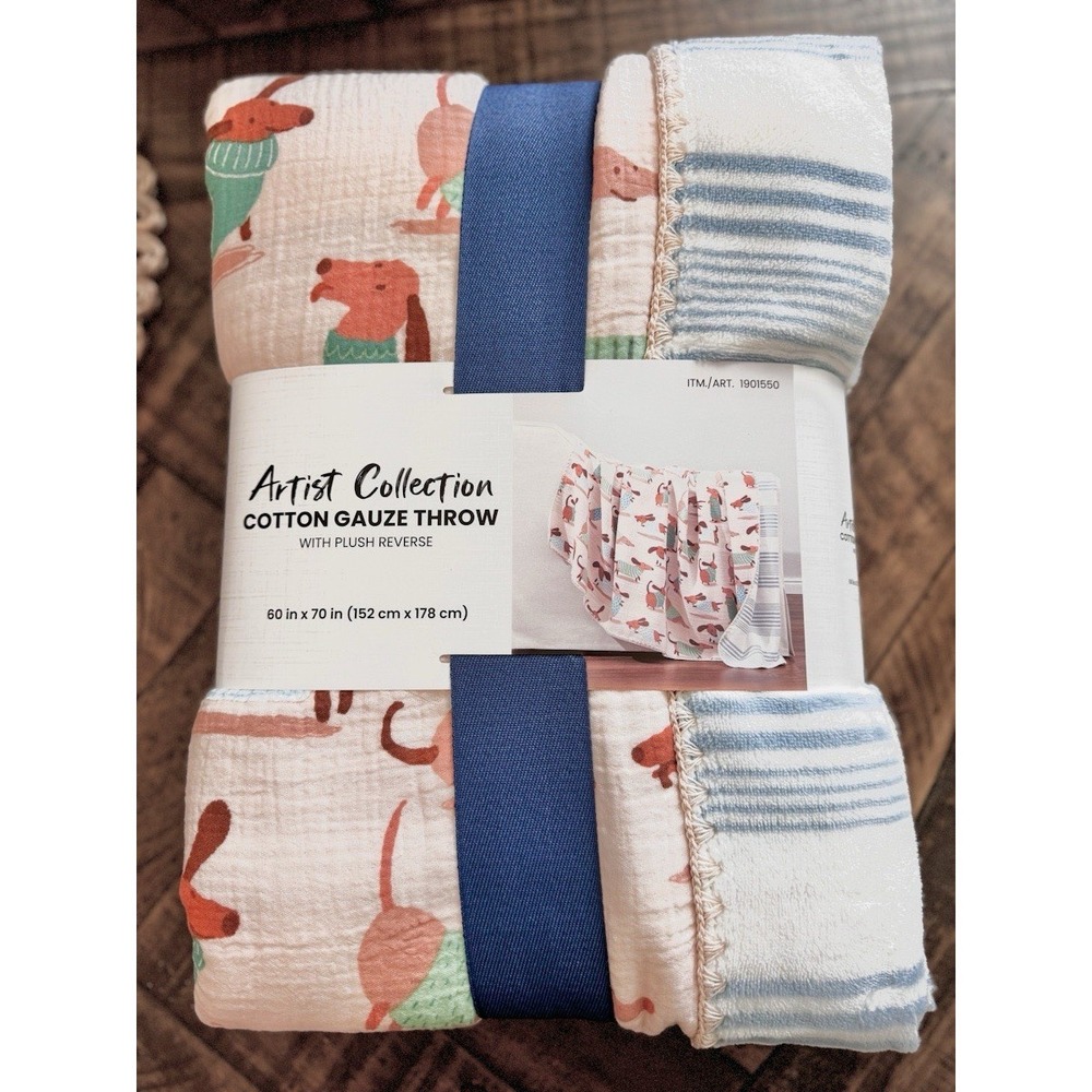COSTCO Artist Collection Cotton Gauze Throw with Plush Reverse Dachshund 60"x70"